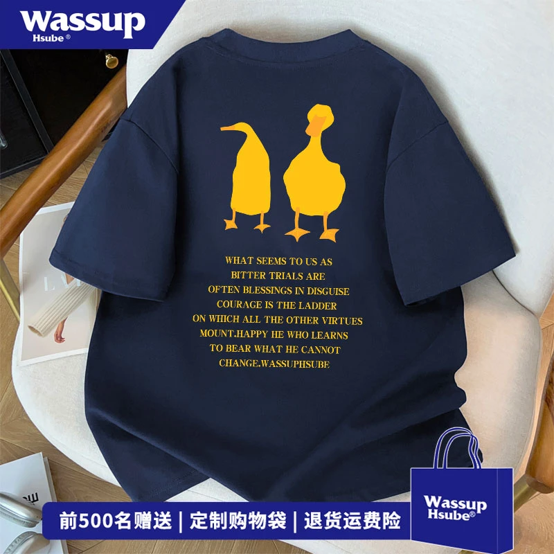 WASSUP HSUBE 趣味鸭子字母印花藏青色上衣男夏季ins纯棉短袖T恤