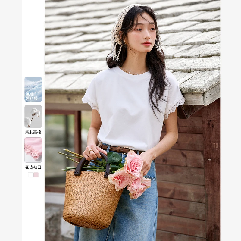 梵希蔓时尚减龄蕾丝花边短袖T恤女2025夏季新款宽松百搭上衣A1085
