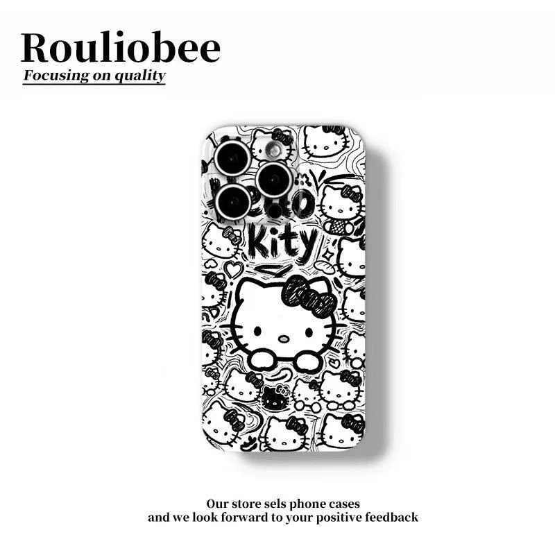 灏吉象黑白涂鸦Kitty适用于苹果16promax菲林全包手机壳华为oppo