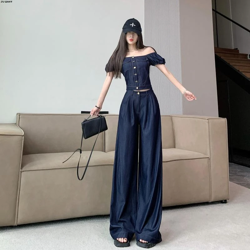 高级感时尚减龄两件套女夏季薄款复古高腰垂感天丝牛仔阔腿裤套装