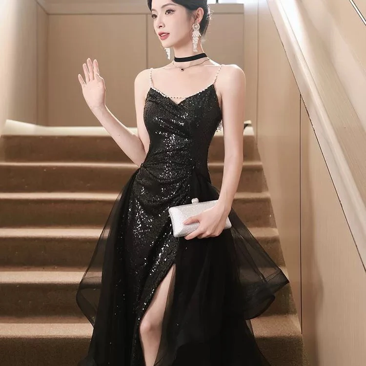 黑色宴会晚礼服裙女高端轻奢小众高级感气质艺考主持人成人礼生日