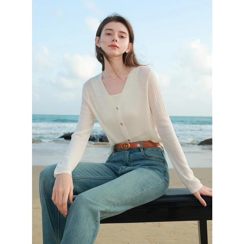 三彩2025夏季新款镂空针织衫V领轻薄毛衫外套短款开衫简约罩衫M