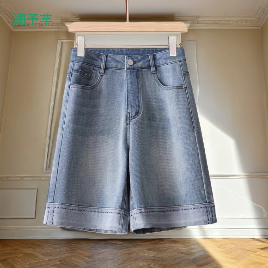2025夏季新款五分高腰显瘦直筒百搭牛仔短裤女阔腿a字中裤