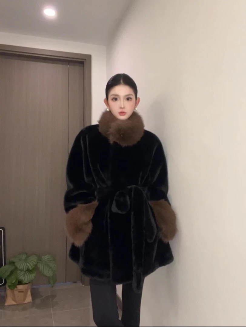 女士时尚气质百搭撞色显瘦轻奢保暖毛毛外套-16