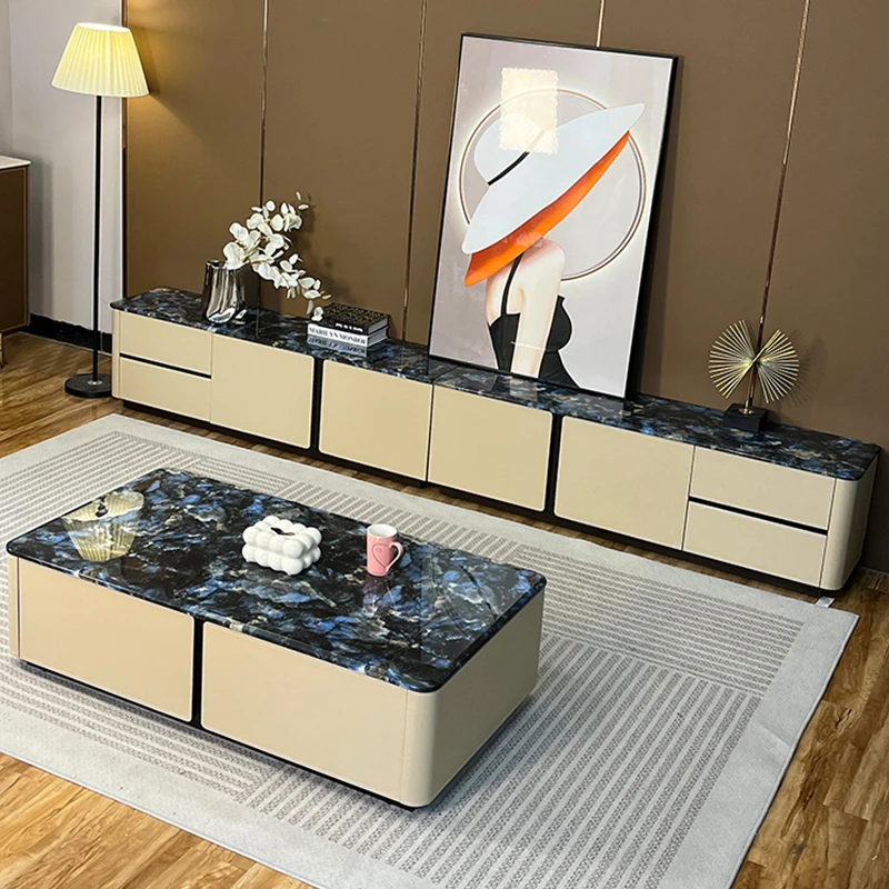 马鞍皮实木大理石落地电视柜茶几天然奢石现代简约别墅高档地柜
