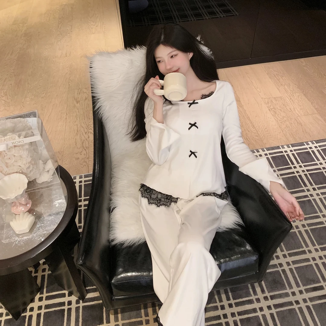 【素筏蝶语】海岛绒长袖睡衣女春秋新款甜美纯欲风蕾丝蝴蝶结家居服