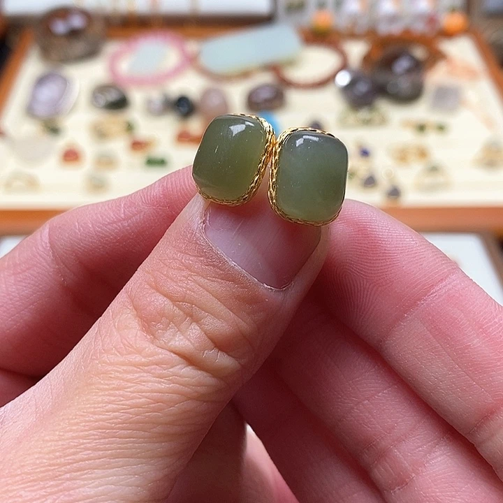 和田玉耳饰银S925镶嵌