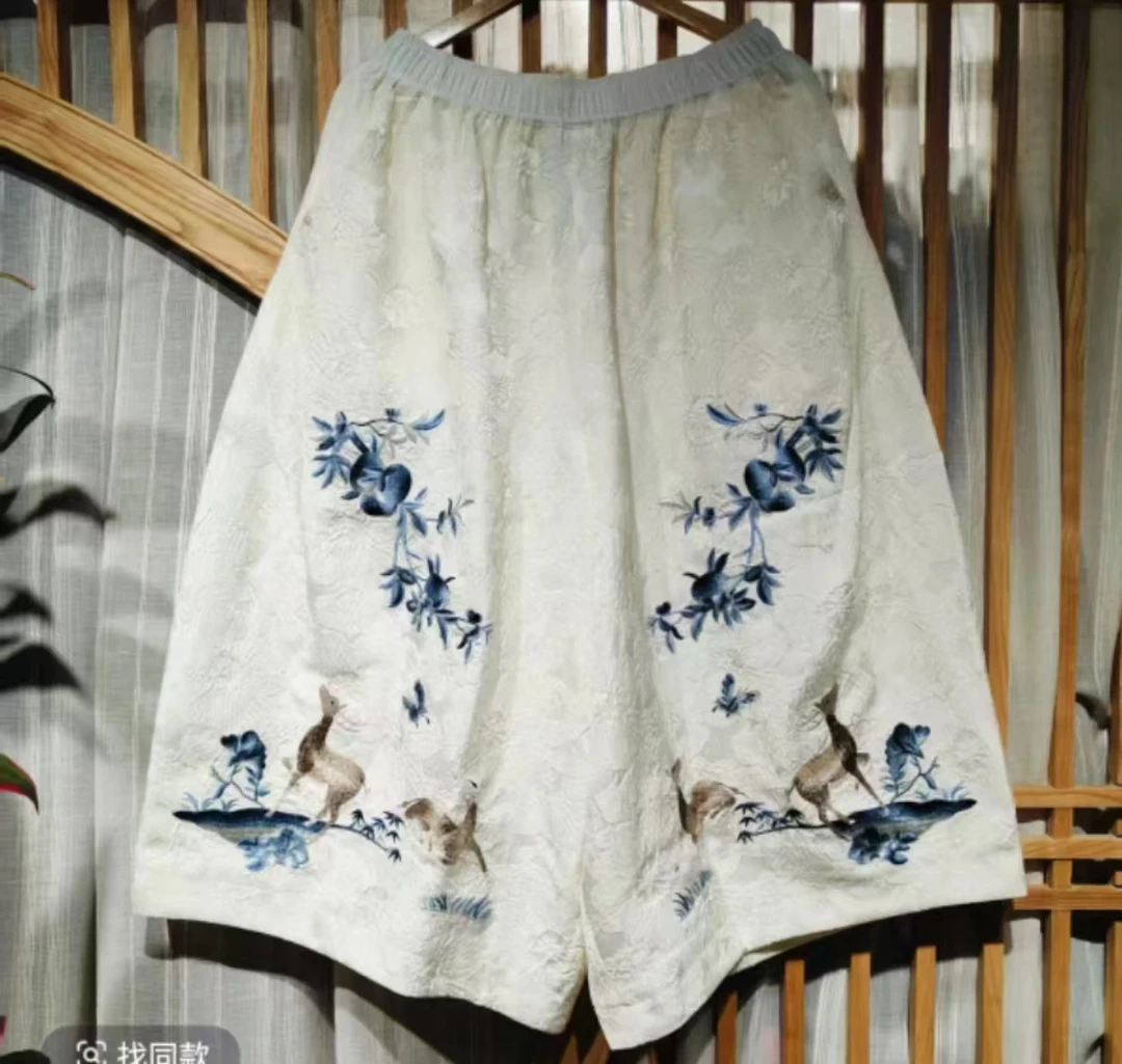 凤徕兮私人定制白提花底梅花鹿刺绣全松紧加衬花苞裤（LK067-26）