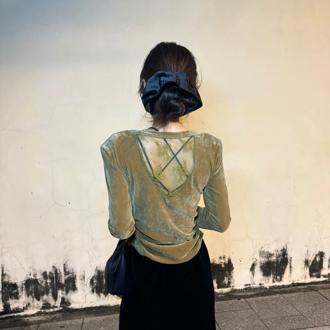 【JQW】气质显瘦褶皱蕾丝拼接露背打底衫