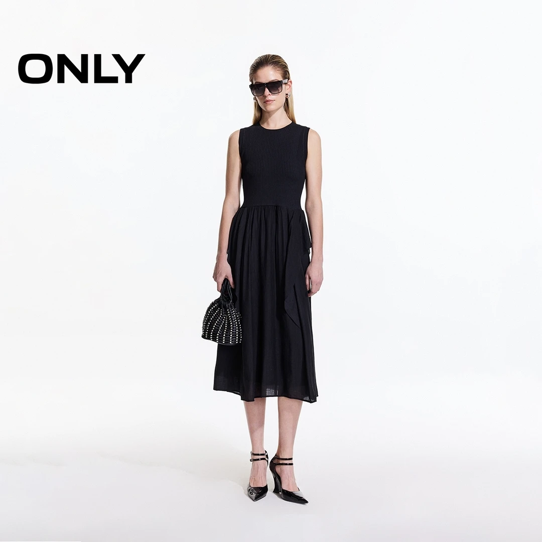 ONLY夏季拼接不规则无袖中长款连衣裙女老钱风松弛感|125107099