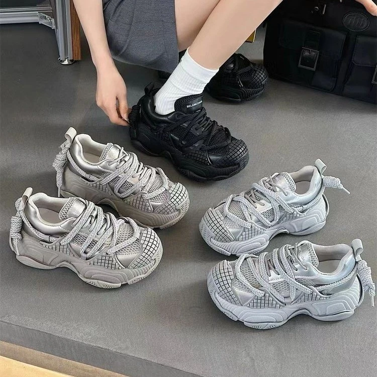 厚底老爹鞋女2025春夏新款百搭小个子增高网面绑带透气休闲运动鞋