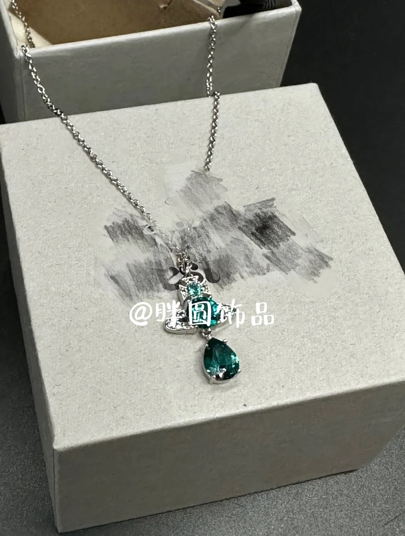 钛钢锆石项链 新款人鱼泪z母绿土星项链耳环女简约超闪轻奢坠链