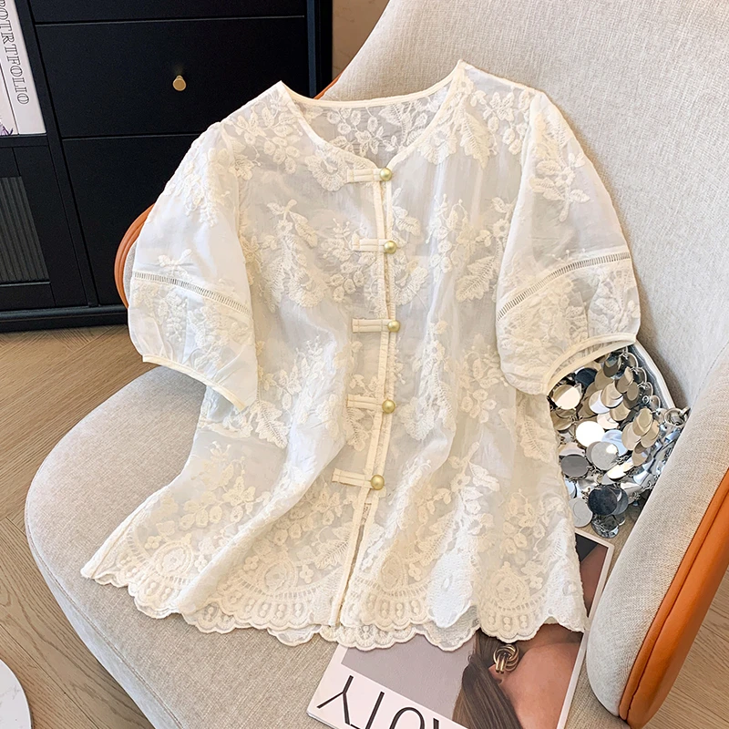 复古国风短袖蕾丝衬衫女2025年夏季新款高端名媛气质盘扣上衣