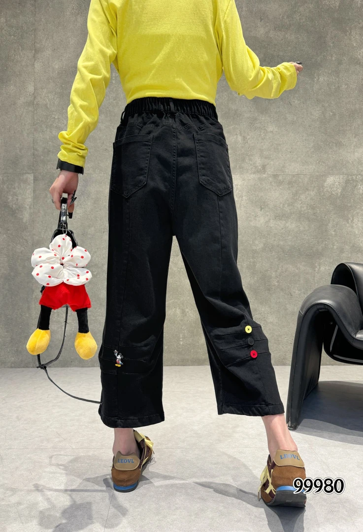 破洞百搭阔腿裤休闲九分裤中腰休闲裤薄款显瘦米奇99980