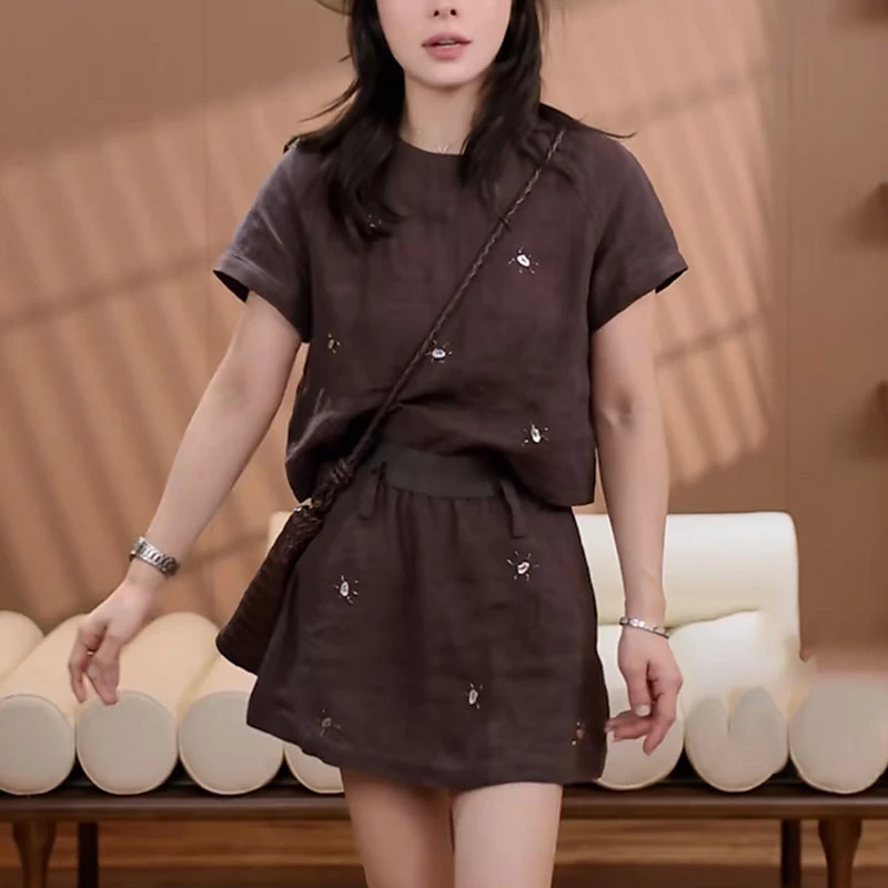 亚麻休闲套装女2025夏季时尚显瘦洋气短袖t恤高腰气质短裙俩件套