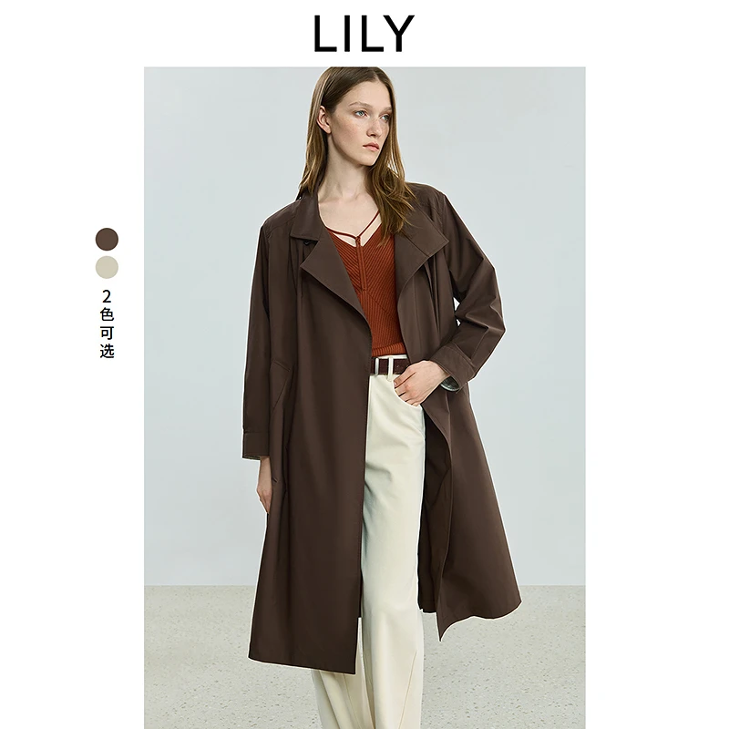 LILY2025秋新款复古立领收腰气质通勤风衣外套中长款125359C1905