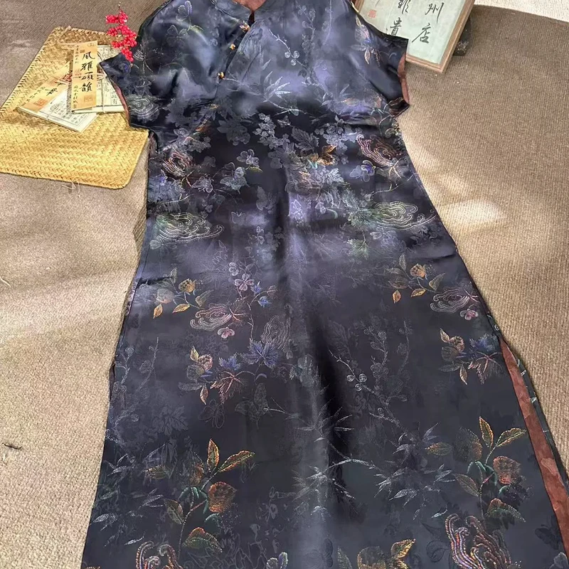 夏季新款新中式国风立领斜襟暗纹花卉花萝短袖连衣裙