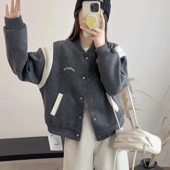 妮妮家0905冬季新款撞色休闲学院风棒球服外套