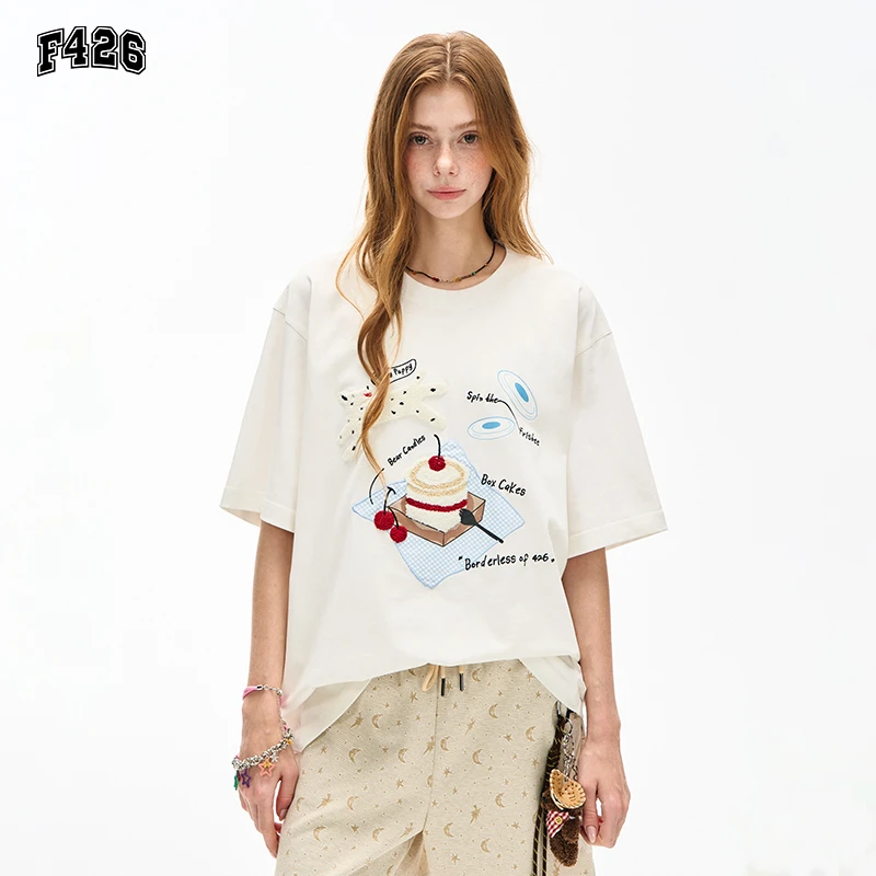 F426夏季2025新款小狗蛋糕毛巾绣短袖T恤圆领宽松情侣半袖6791