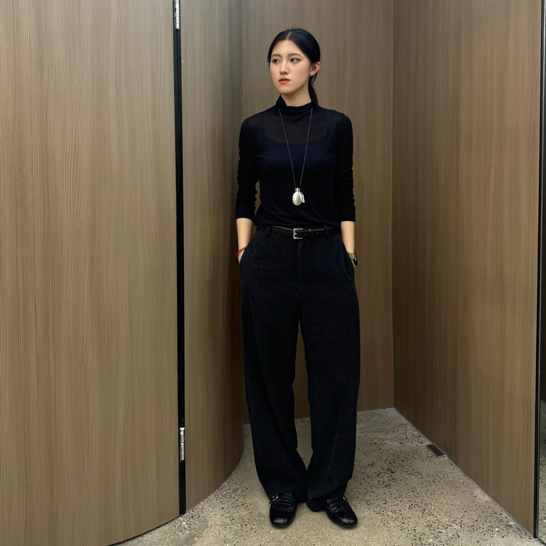 YP 黑色半高领打底衫女长袖t恤秋冬内搭修身针织高级感上衣3136