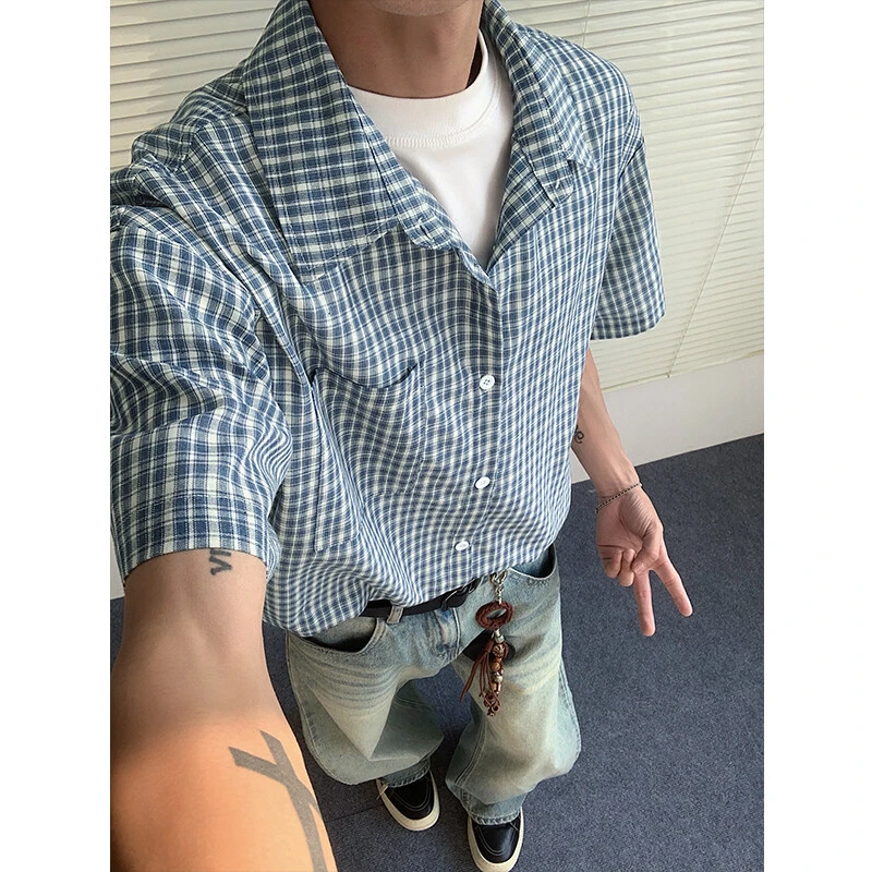美式复古蓝色格子短袖衬衫男款夏季宽松百搭衬衣cleanfit翻领外套