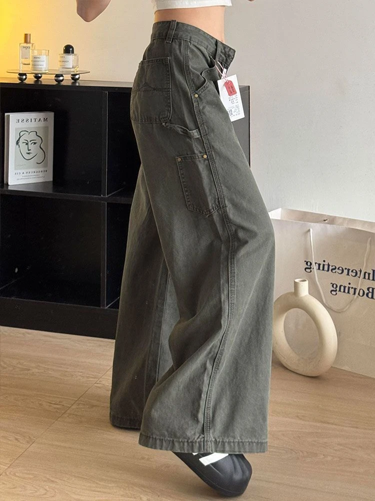 复古军绿色工装休闲牛仔裤夏季新款美式辣妹百搭直筒拖地裤子