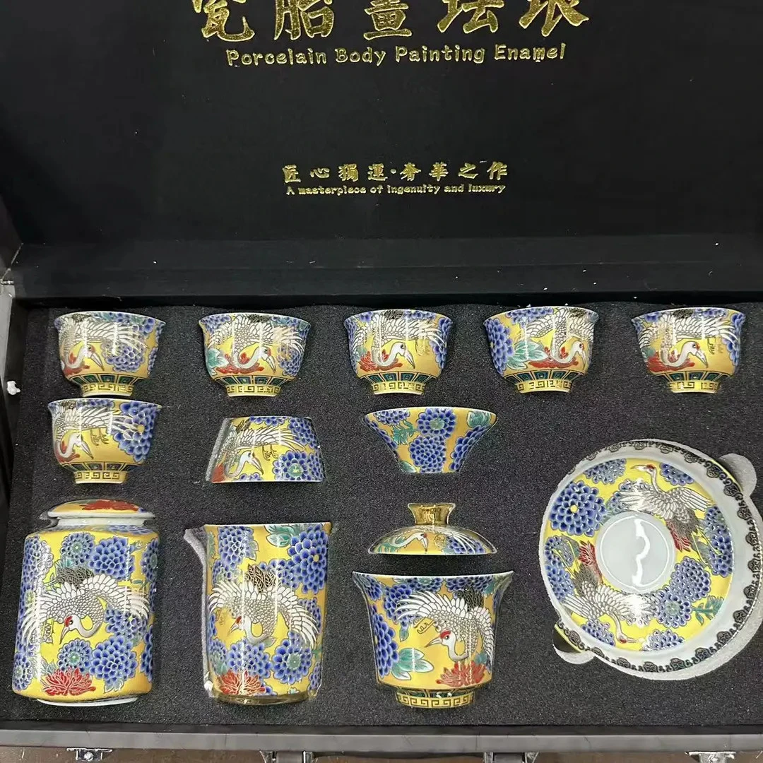 珐琅彩仙鹤功夫茶具套装家用轻奢高档盖碗茶杯整套朋友乔迁伴手礼
