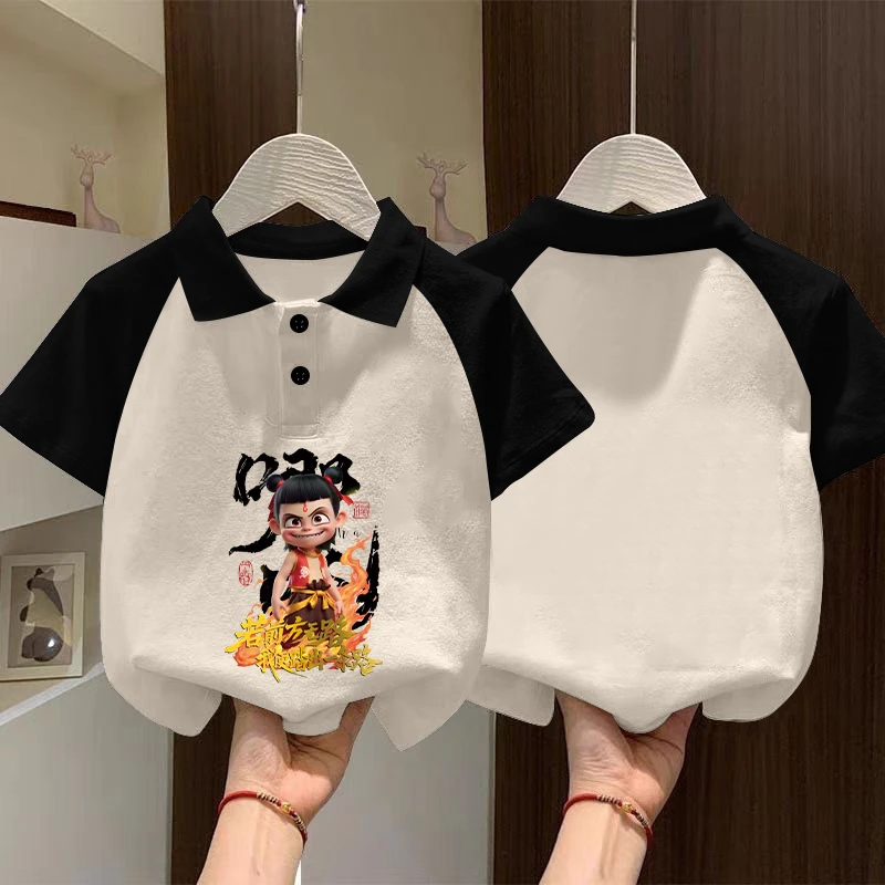 新款童装夏季纯棉POLO衫新哪吒国风儿童短袖T恤娃娃领印花上衣潮