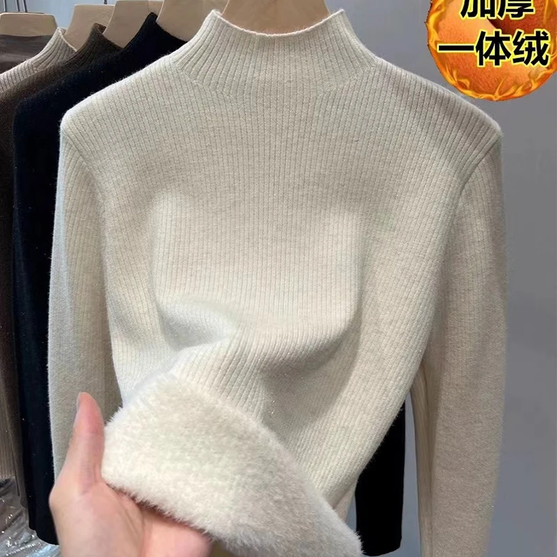 法式高级感亮丝半高领一体绒针织毛衣女秋冬加绒加厚保暖打底衫