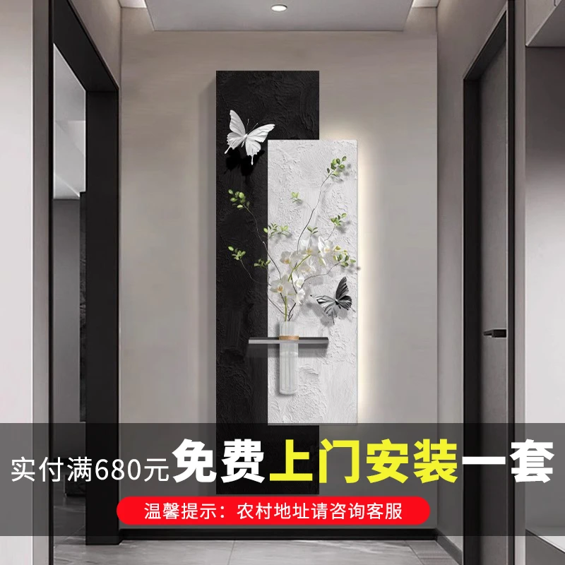 花瓶水培绿植装饰画简约侘寂风入户玄关挂画立体砂岩黑白走廊壁画