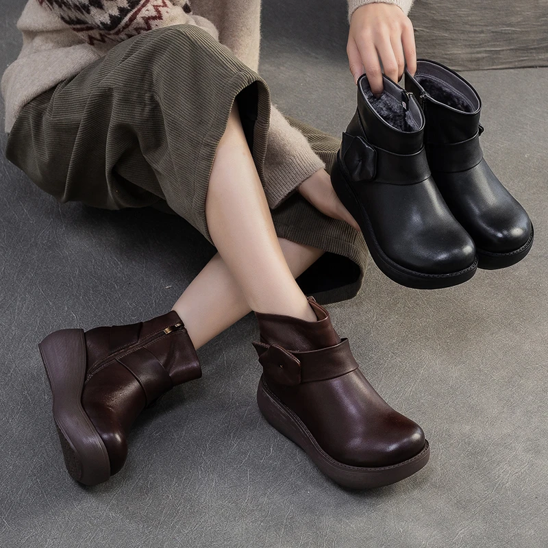 冬季新款头层牛皮厚底森系英伦风短靴侧拉链保暖加绒女鞋