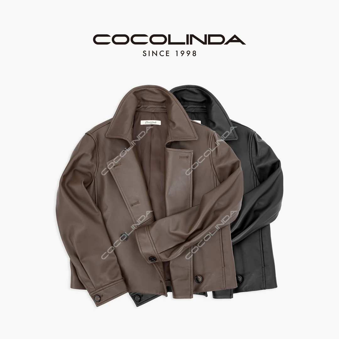 COCOLINDA  | 羊皮欧美复古翻领双排扣皮衣外套F5195