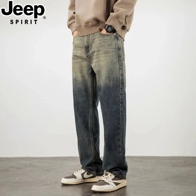 JEEPSPIRIT吉普春夏款渐变色牛仔裤男美式休闲潮牌水洗大码裤子