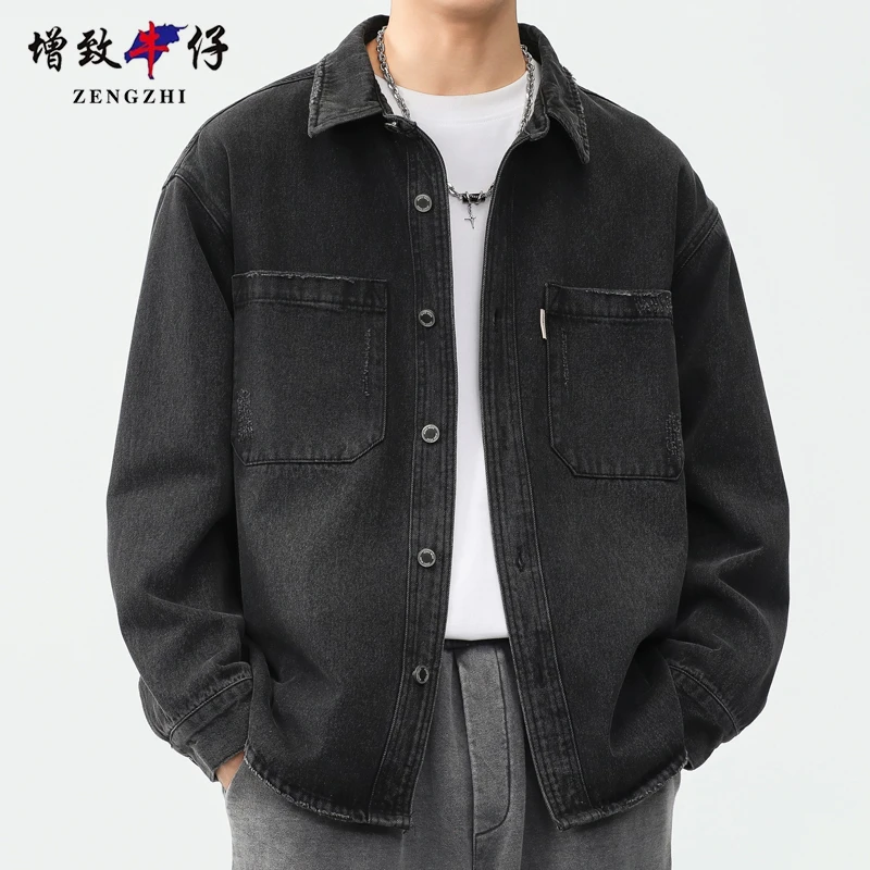 ZENGZHI/增致牛仔男士衬衫休闲外套宽松衬衣长袖帅气纯色水洗百搭