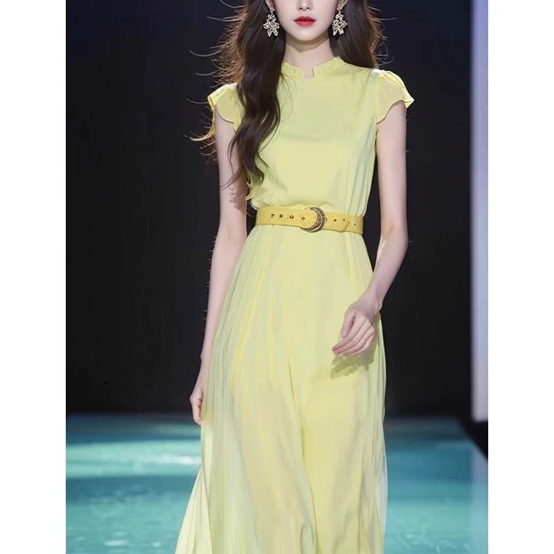 桔梗法式气质绝美雪纺长裙高端精致超好看黄色收腰连衣裙子女夏季
