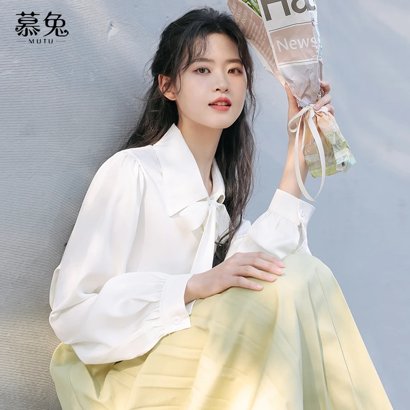 【静秋专属】MT8252蝴蝶结系带白色长袖衬衫洋气设计感小众上衣