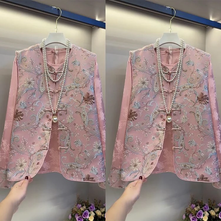 洋气高级感新中式盘扣马甲mm显瘦时尚大码国潮套装（小粉花）