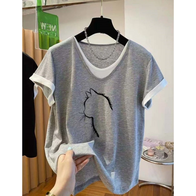 纯棉假两件V领设计感短袖t恤女夏季新款修身显瘦百搭正肩半袖上衣