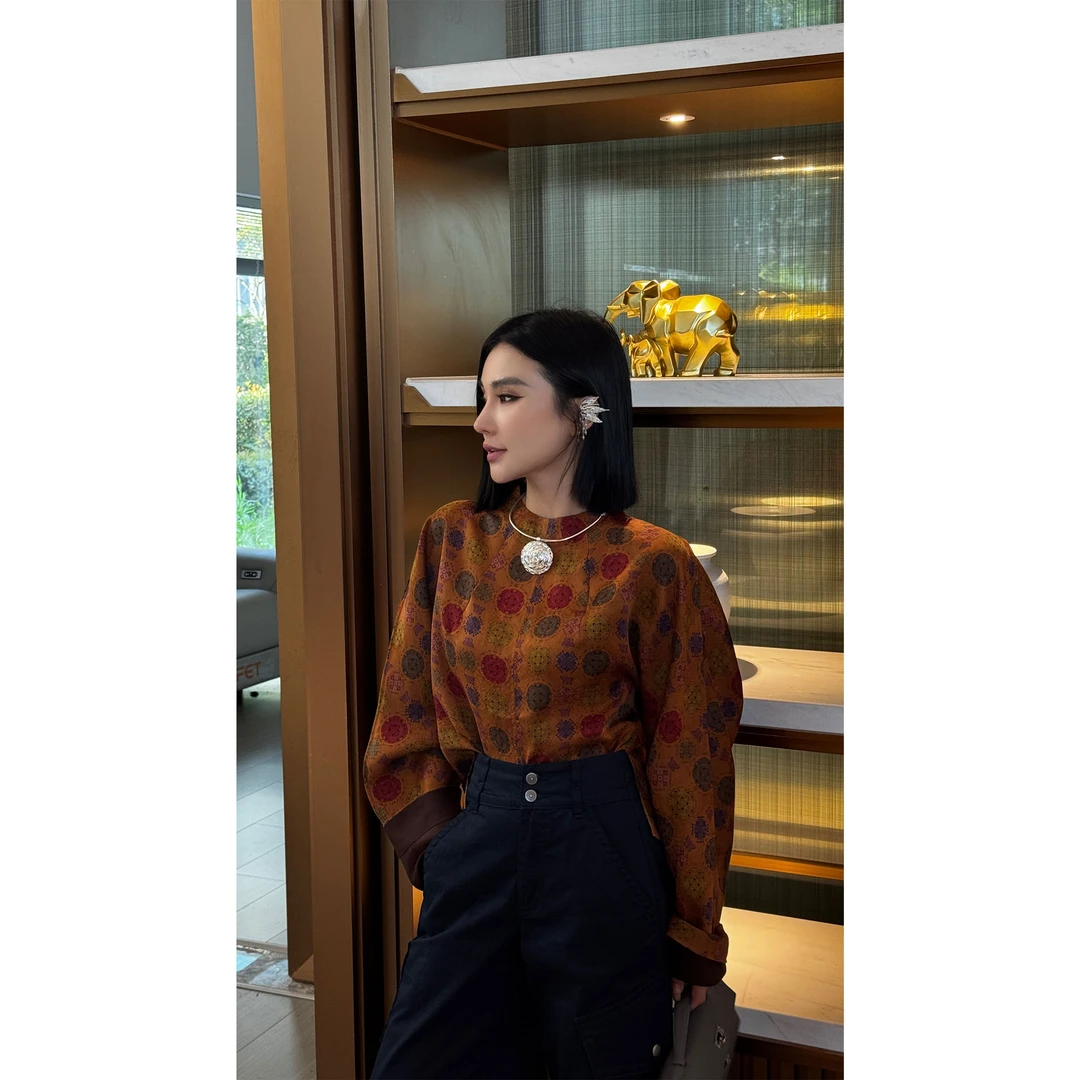 【妙妙精选】HUANGNAJI橘染烟霞-中式时尚气质设计感桑蚕丝上衣5232
