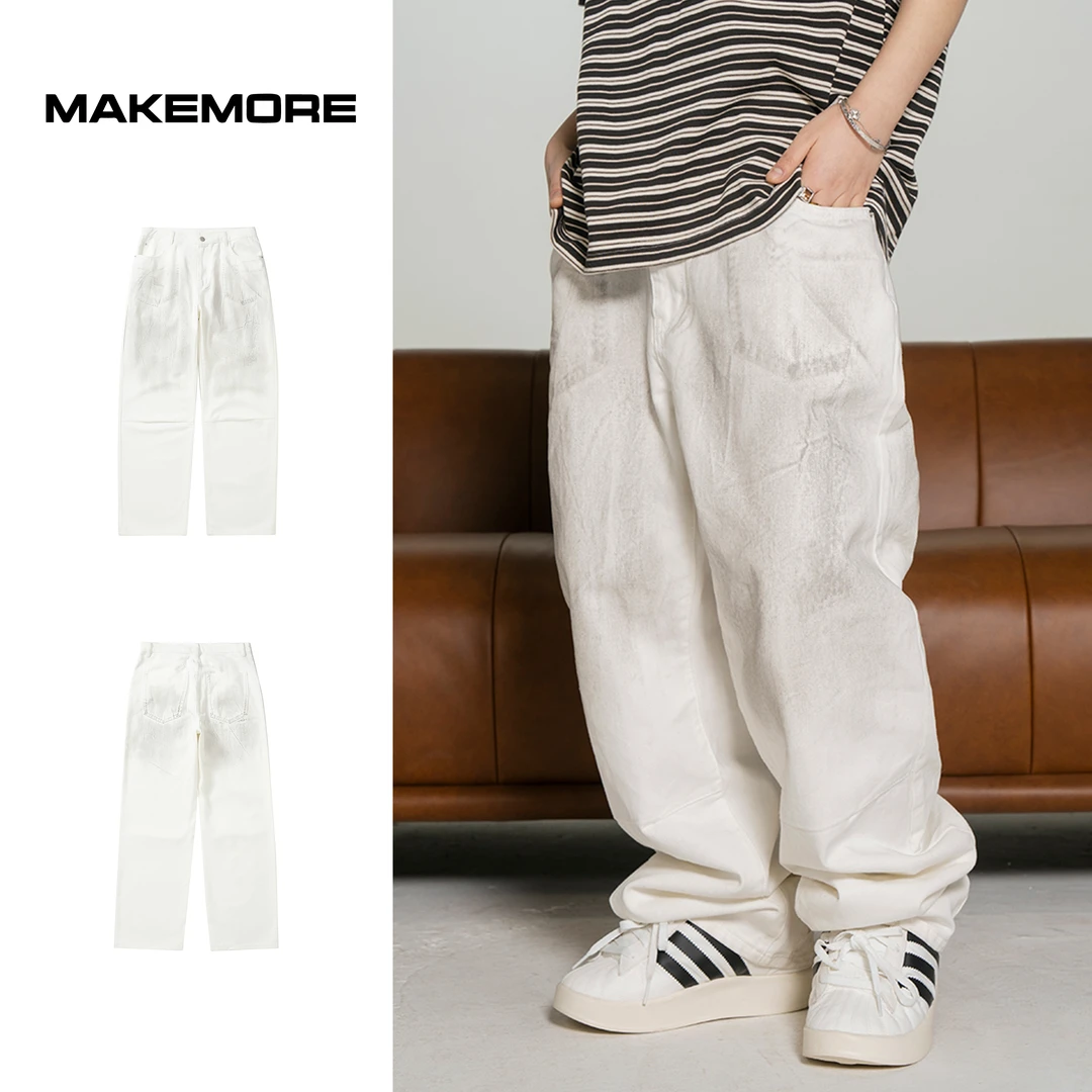 Makemore牛仔裤W02男女新款直筒百棉手工擦脏美式复古白裤子情侣