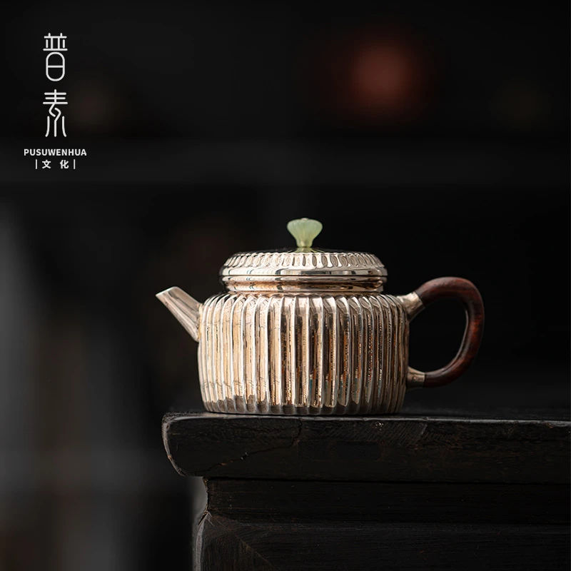 普素 纯银999纯手工德钟泡茶壶 仿生瓜瓣银壶 复古中式家用泡茶壶