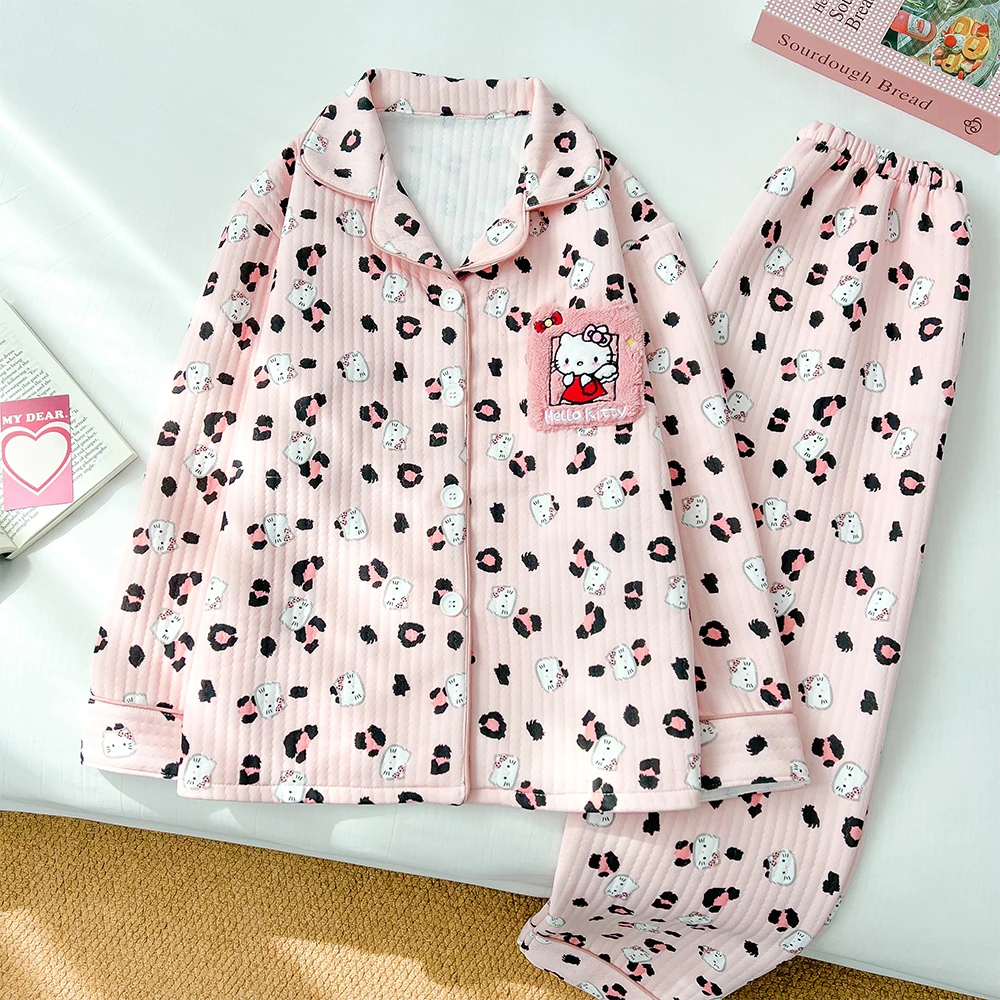 秋冬季新款豹纹Kitty睡衣女冬季天空气棉长袖甜美夹层保暖家居服