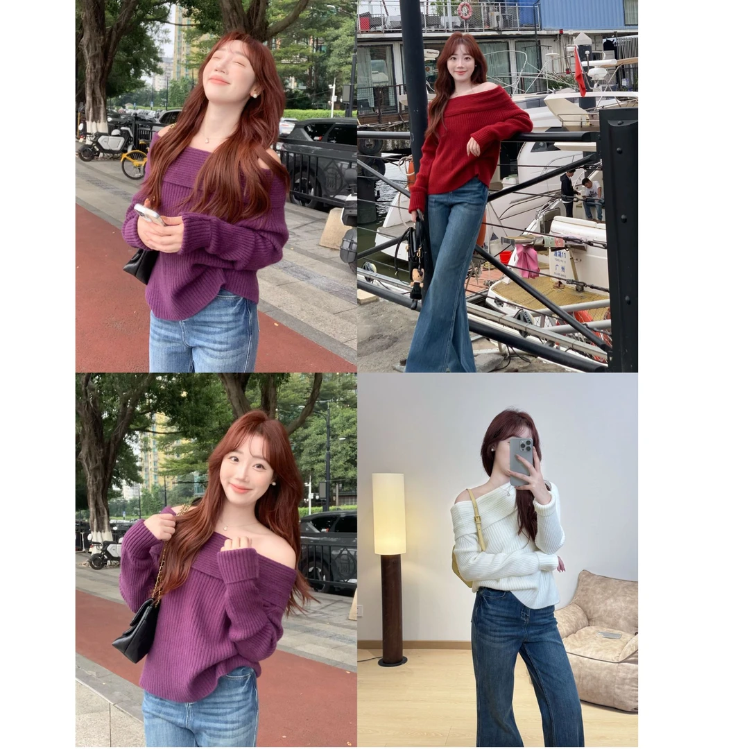 YPP！【紫藤雾感】百搭套头显瘦圆领气质一字肩露肩针织衫毛衣