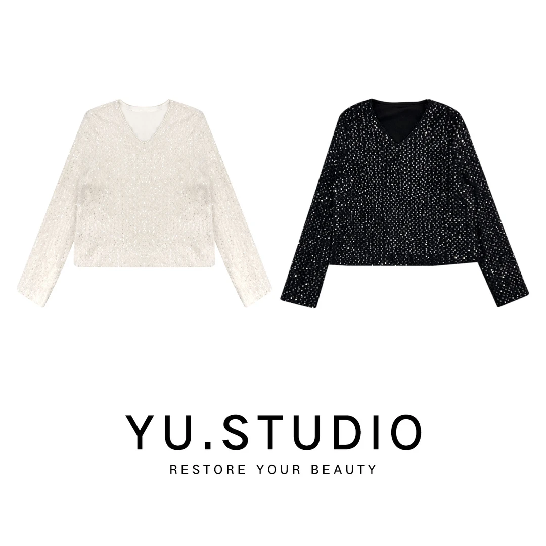 方和屿.V领亮片上衣长款流苏时尚秋冬女装网红毛衣百搭休闲9558