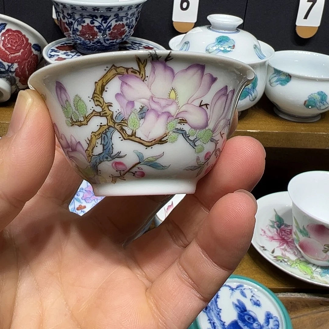 盈***询景德镇手工粉彩玉兰杯