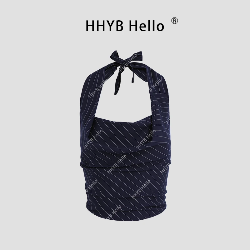HHYB Hello【Q】Jennie同款条纹露背挂脖辣妹荡领背心上衣H20015