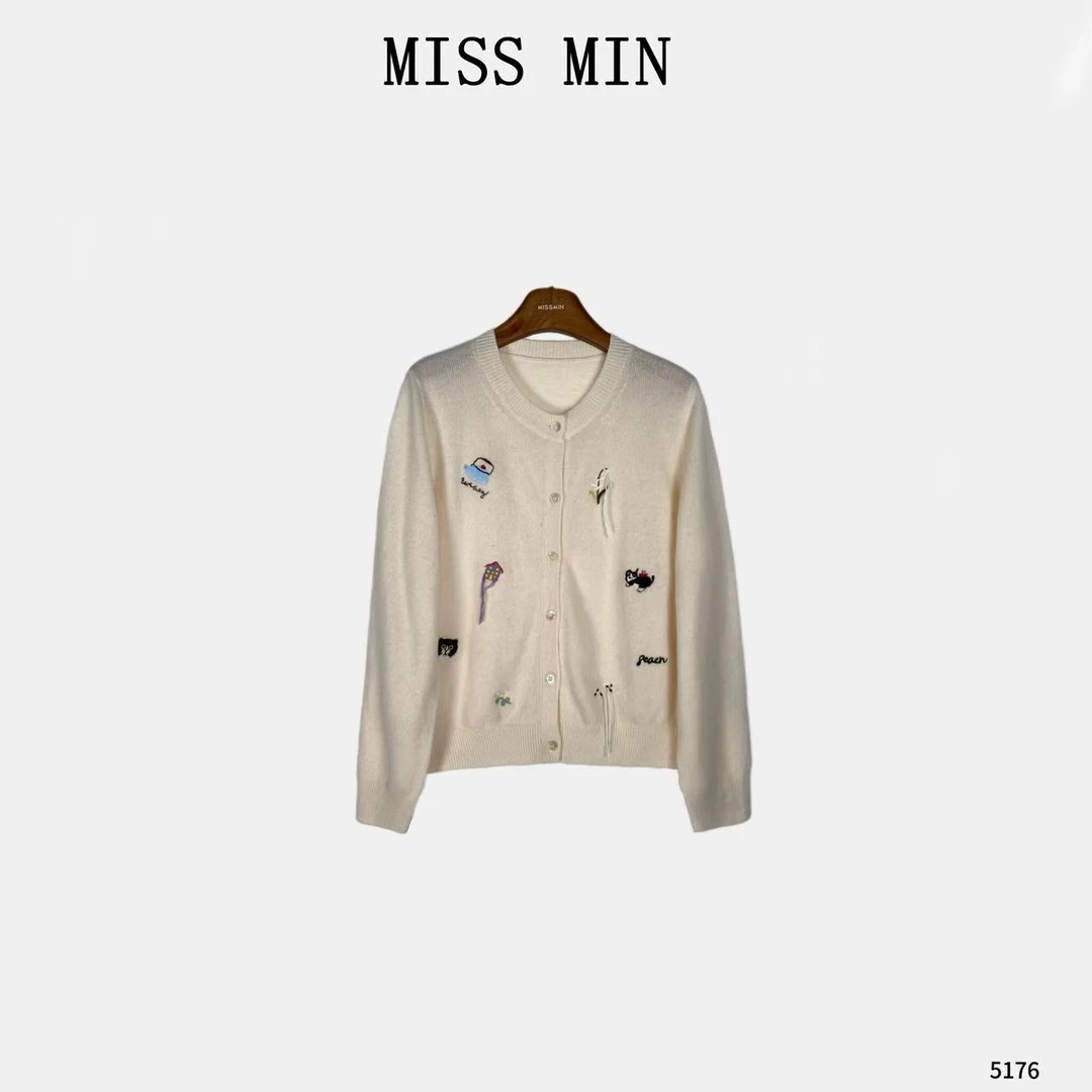MISS MIN【趣多多】圆领卡通刺绣毛衣衣服宽松百搭显瘦针织开衫5176