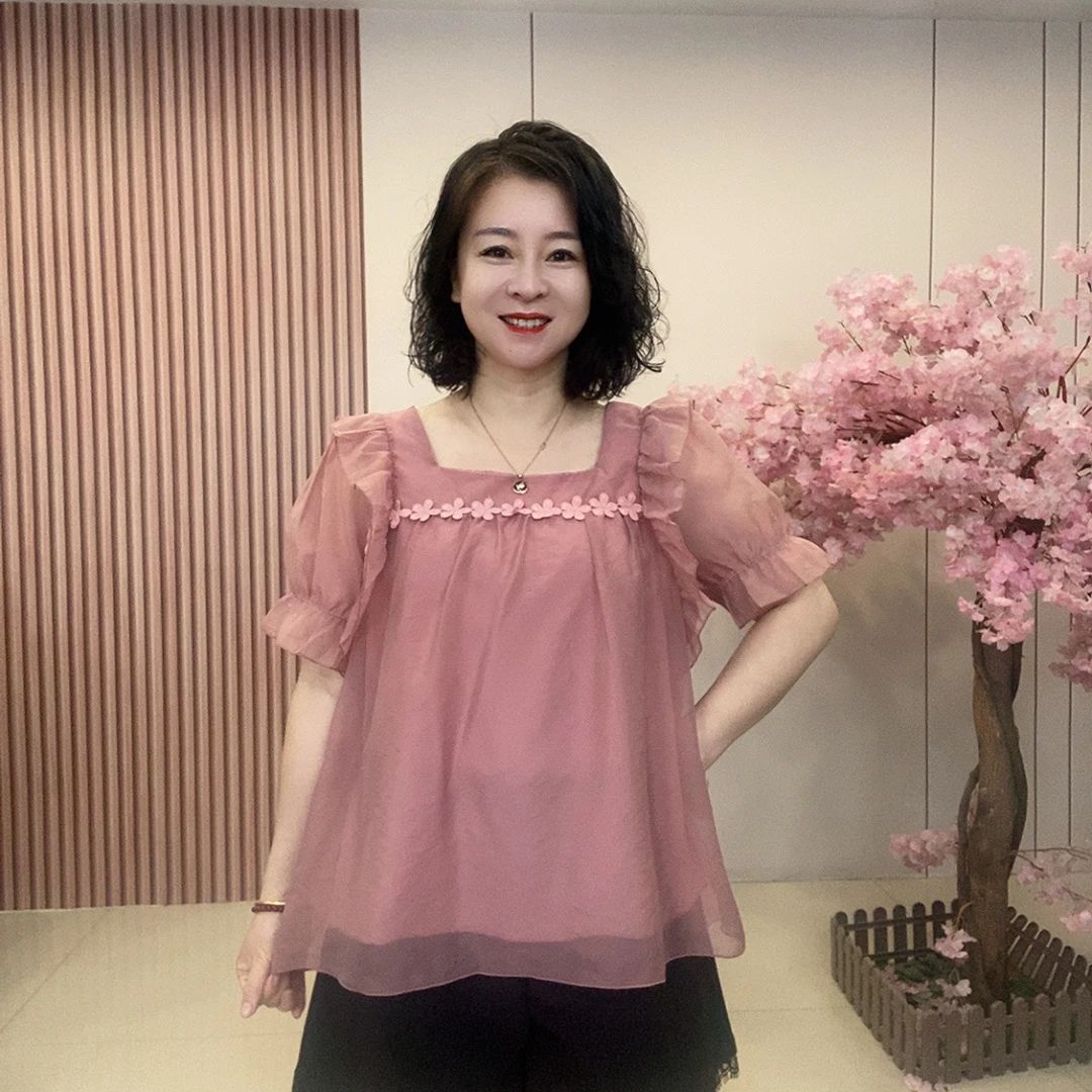 3515大码女装时尚刺绣花边方领半袖衬衫宽松遮肉双层纱减领百搭