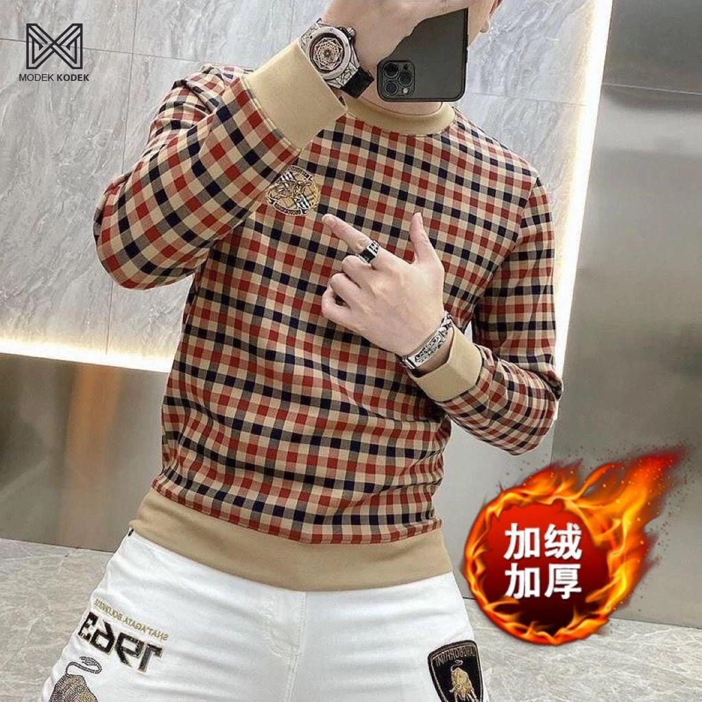 MODEK KODEK潮流款秋冬卫衣男t恤长袖加绒格子刺绣上衣套头打底衫