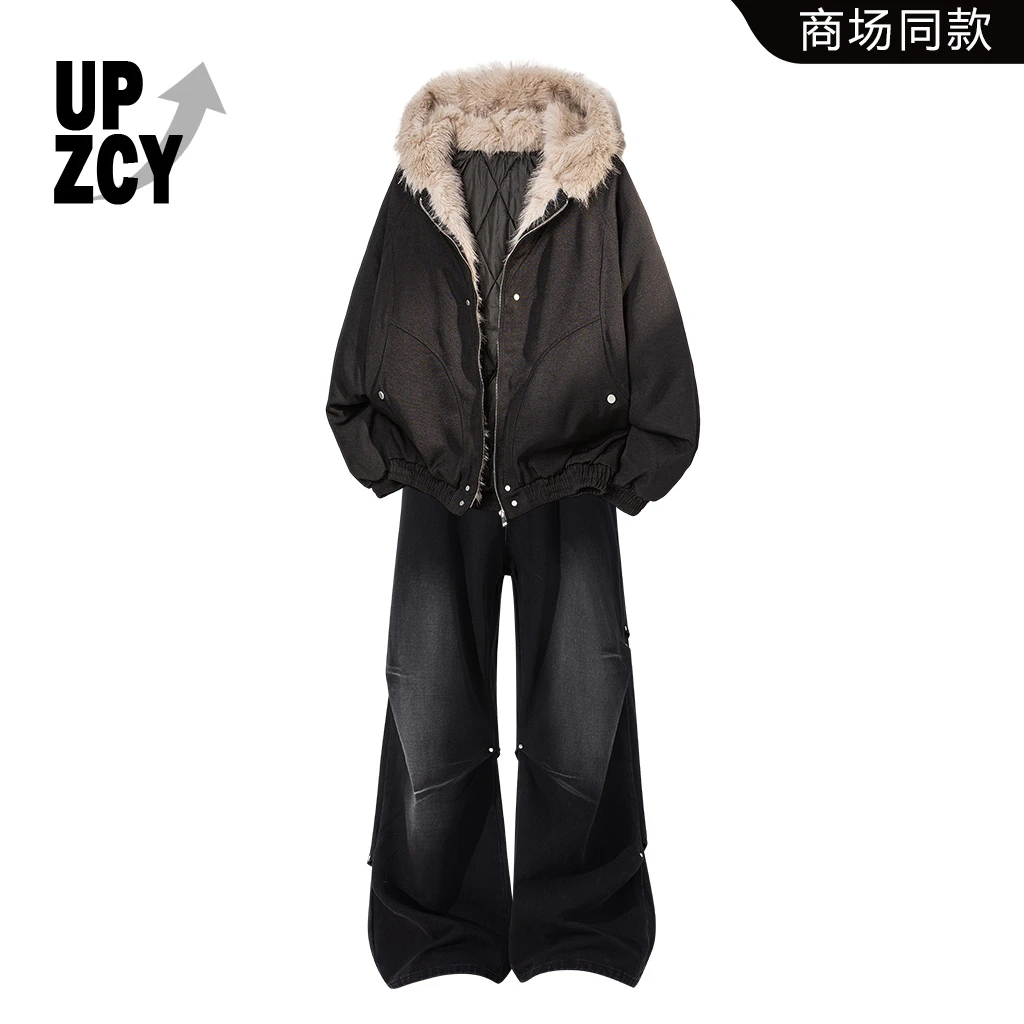 UPZCY美式潮流复古保暖棉服套装2025冬季男士新款时尚水洗牛仔裤